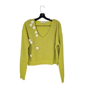 Anthropologie Flat White Chartreuse V Neck Sweater Embroidered Flower Large